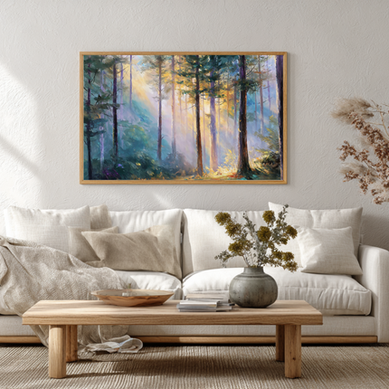 Morning Light in the Forest – Tranquil Nature Framed Poster