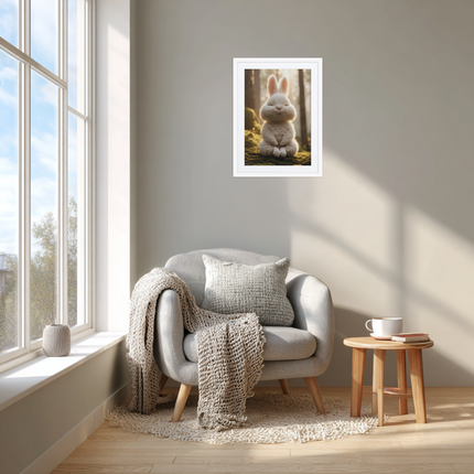 Serene Bunny Meditation | Framed Poster – Soft Forest Light, Healing Wall Art