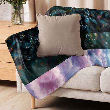 몽환적인 구름과 식물 모티브 셰르파 블랭킷 – 차분한 분위기를 위한 예술적인 힐링 블랭킷